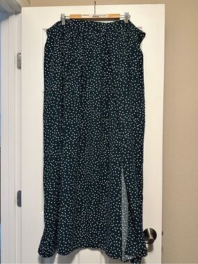 Green Polka Dot Faux Wrap Maxi Skirt with Slit